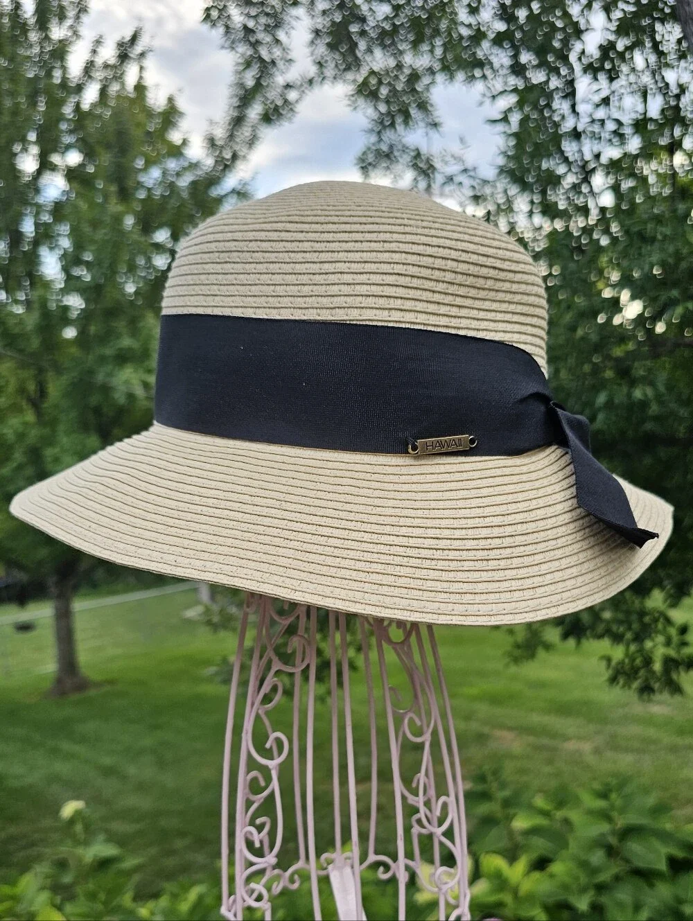 Cream Straw Sun Hat with Black Ribbon Bow